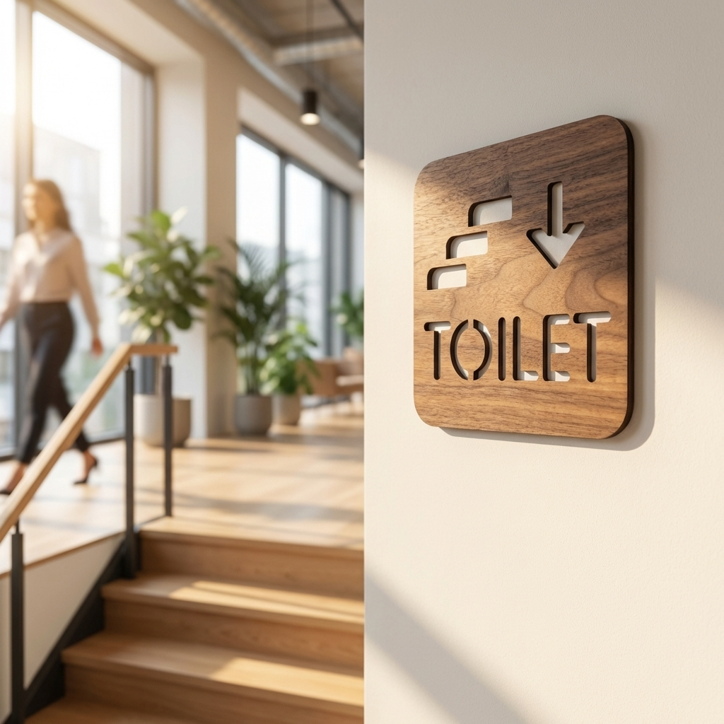 Modern wooden toilet downstairs sign for cafés, restaurants and hospitality venues