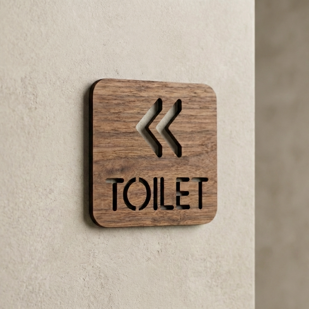 Wooden toilet direction sign with left arrows for offices, cafés, restaurants and commercial businesses