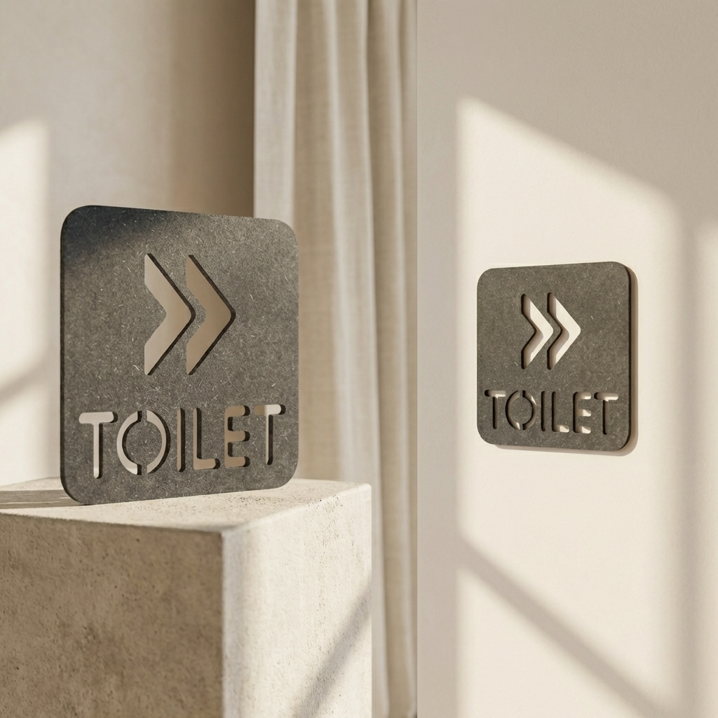 Minimalist black toilet sign with directional arrows for modern commercial interiors