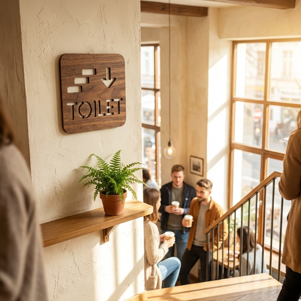 Walnut downstairs toilet sign with stairs and down arrow for cafés and restaurants