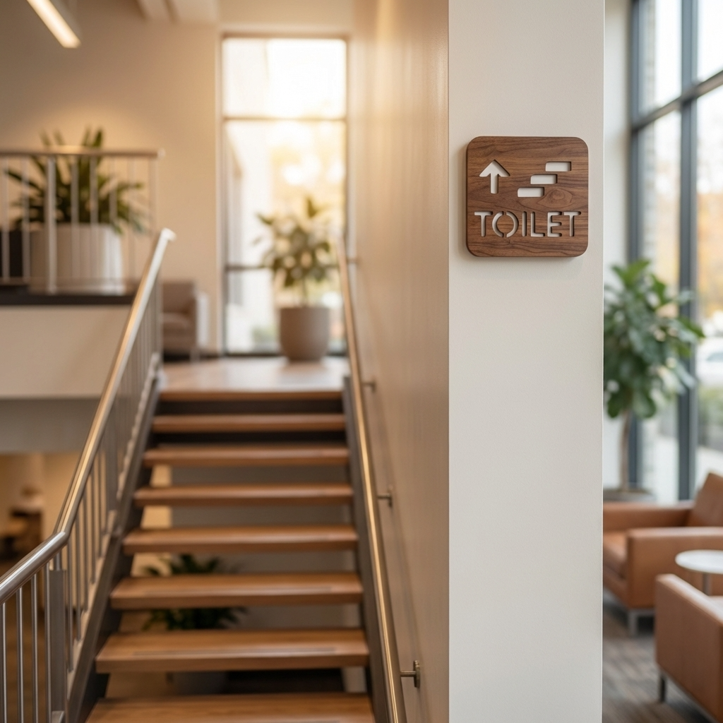Modern wooden toilet upstairs sign for cafés, restaurants and hospitality venues