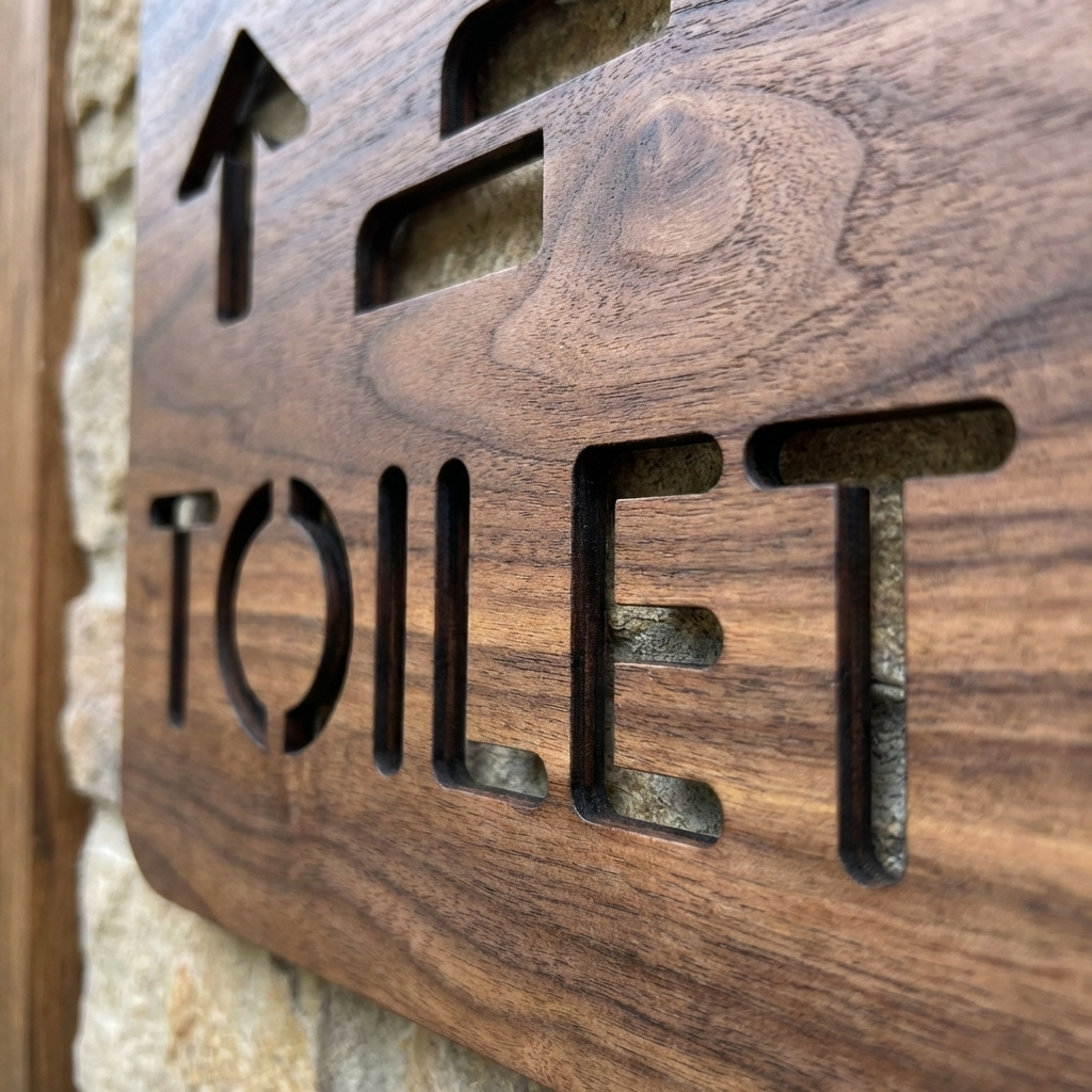Walnut toilet wayfinding sign for commercial staircases, corridors and reception areas