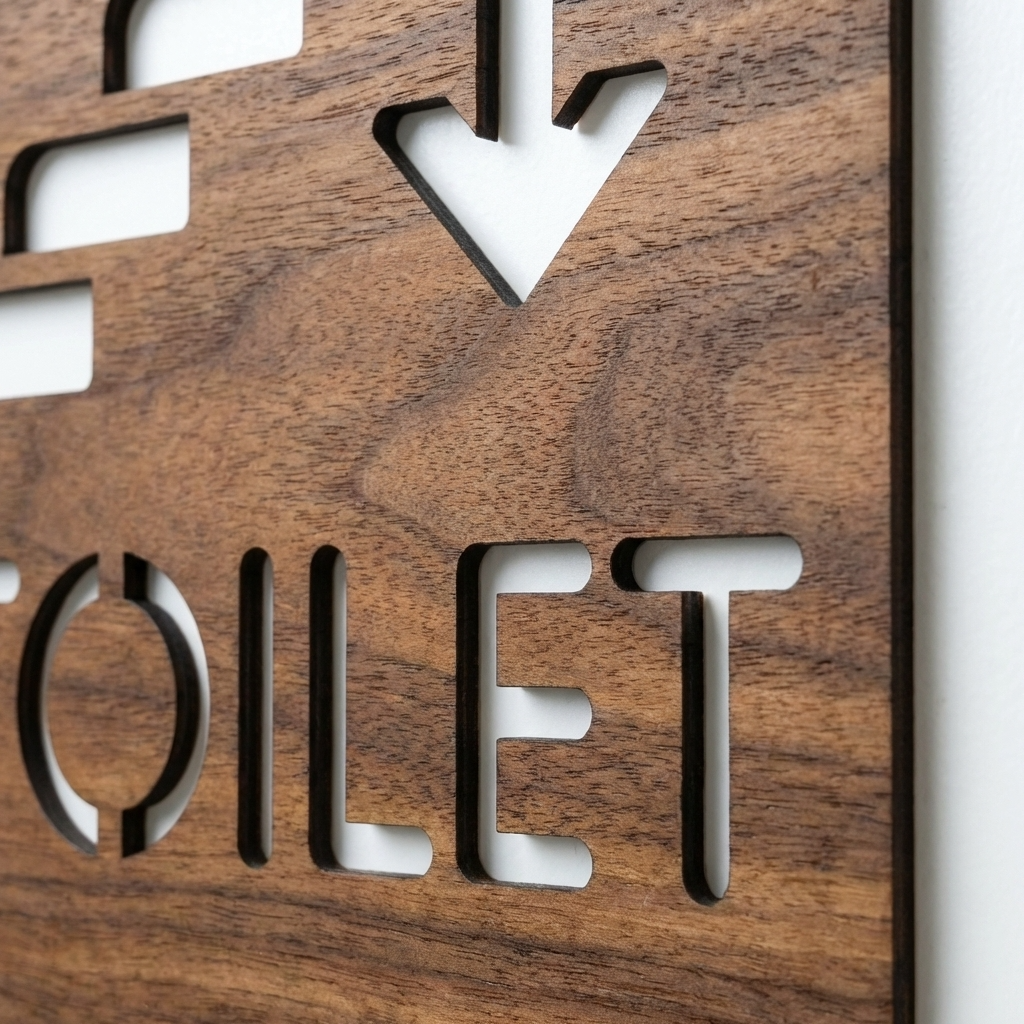 Square wooden downstairs restroom sign with down arrow for offices, cafés and hotels