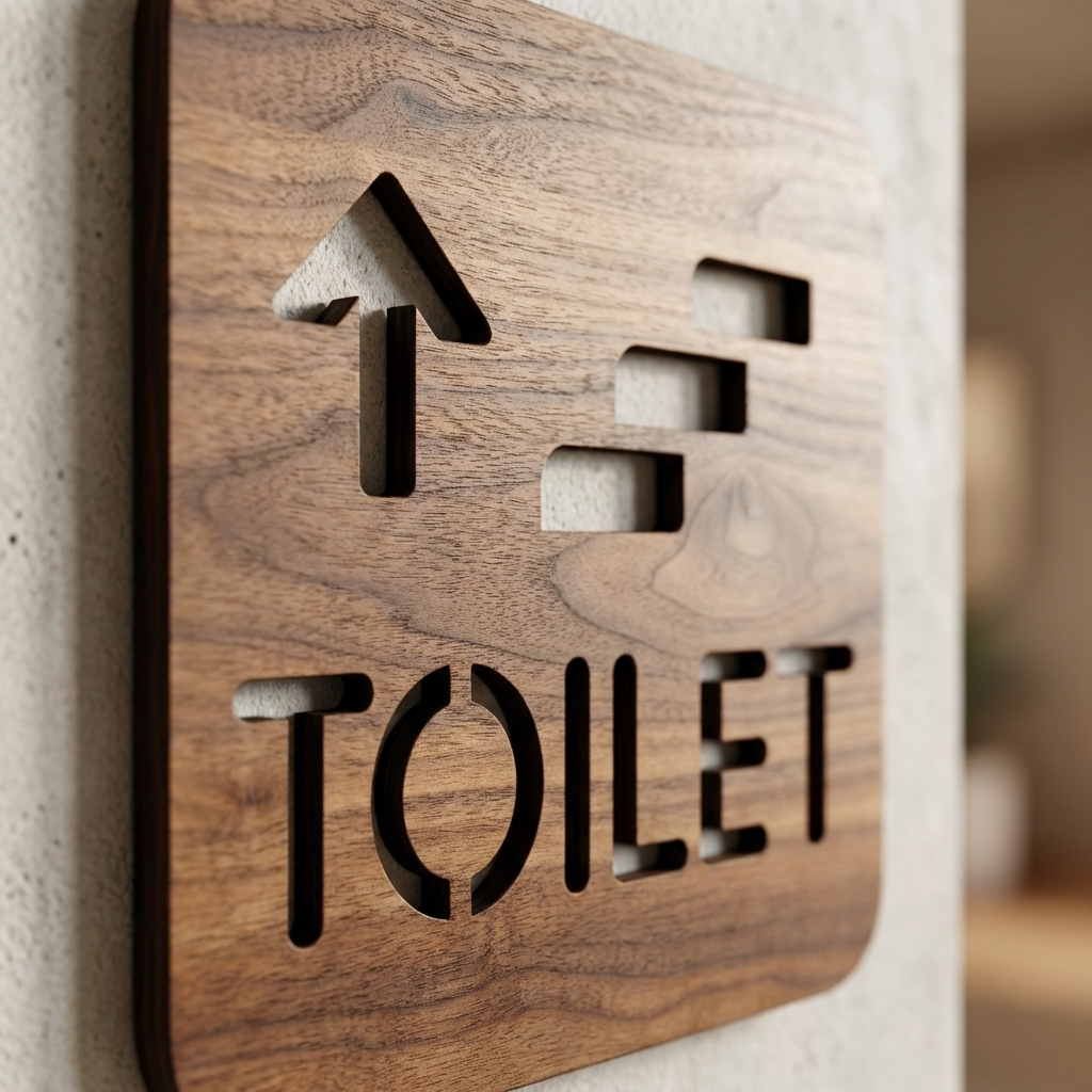 Square wooden upstairs restroom sign with up arrow for offices, cafés and hotels