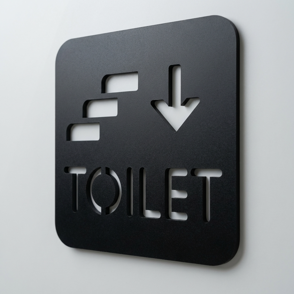 Square downstairs restroom sign with down arrow for offices, cafés and hotels