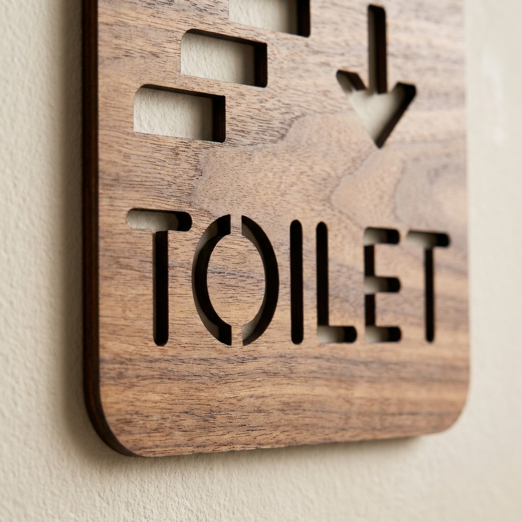 Commercial walnut toilet direction sign with stairs symbol for restaurants and businesses