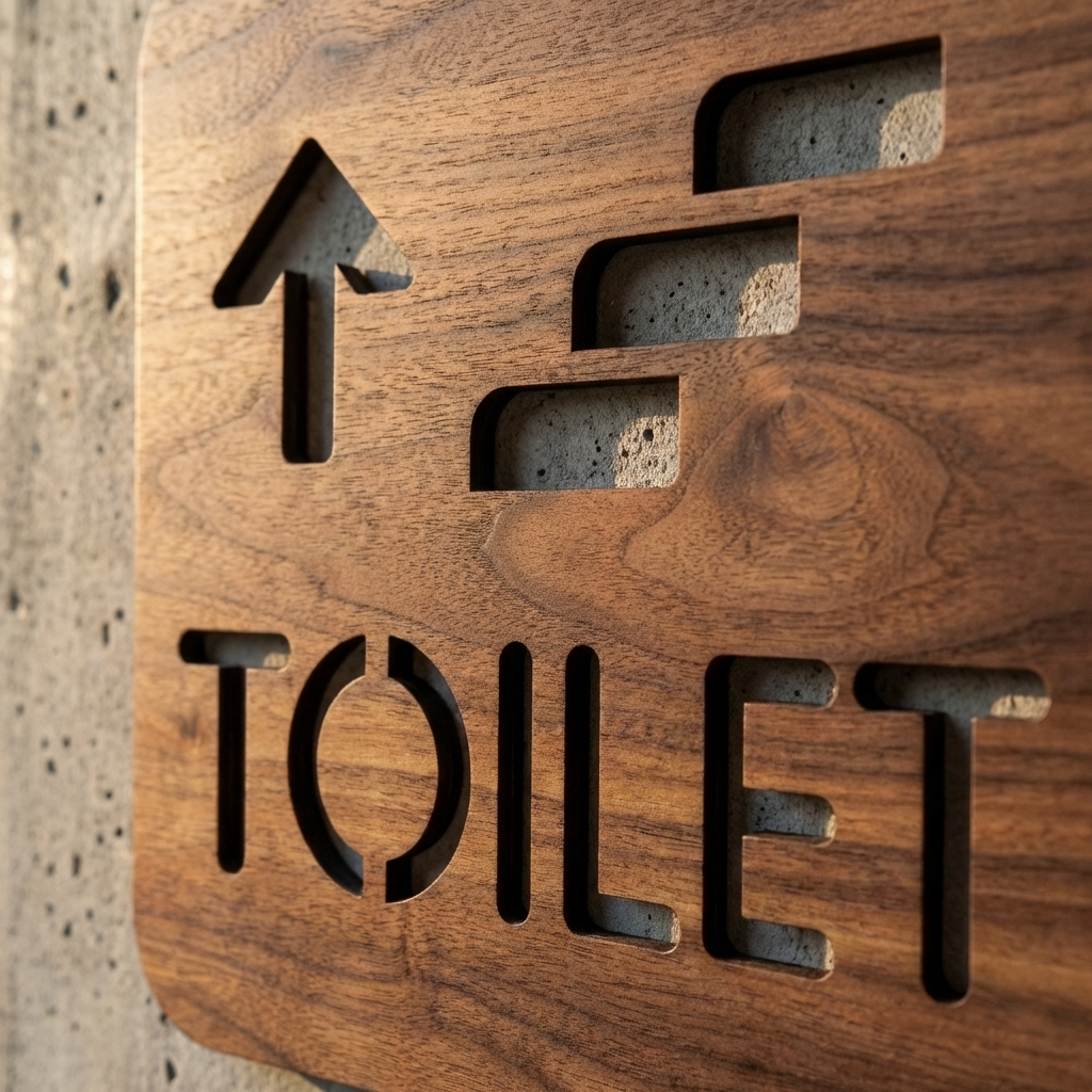 Commercial walnut toilet direction sign with stairs symbol for restaurants and businesses