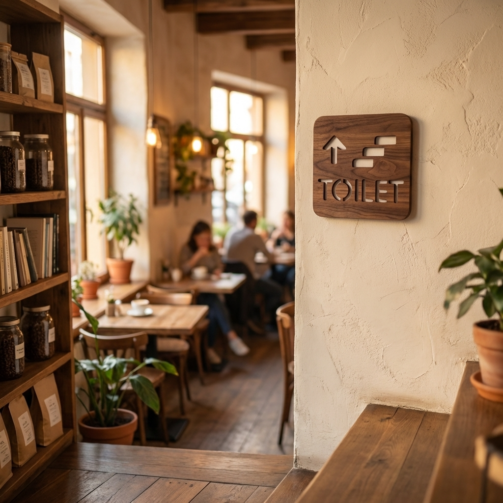 Natural walnut restroom sign showing upstairs toilet location for customer-facing businesses