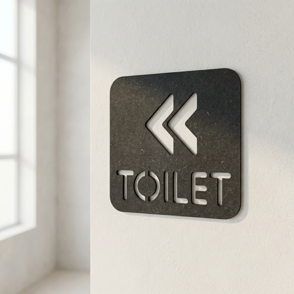 Durable black toilet sign with left-pointing arrows for business, office and customer-facing environments.
