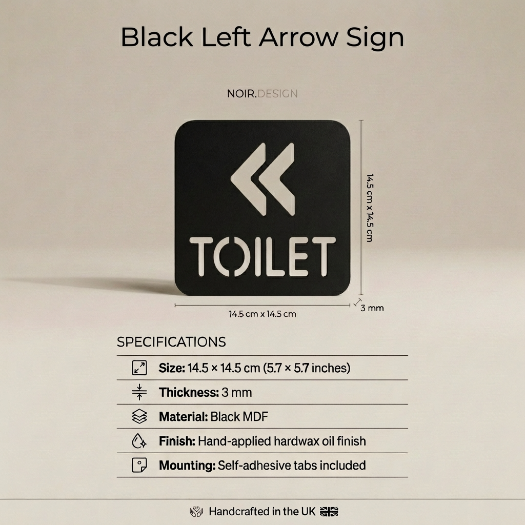 Stylish wall-mounted toilet sign with directional arrows, ideal for restaurants, offices and hospitality venues.