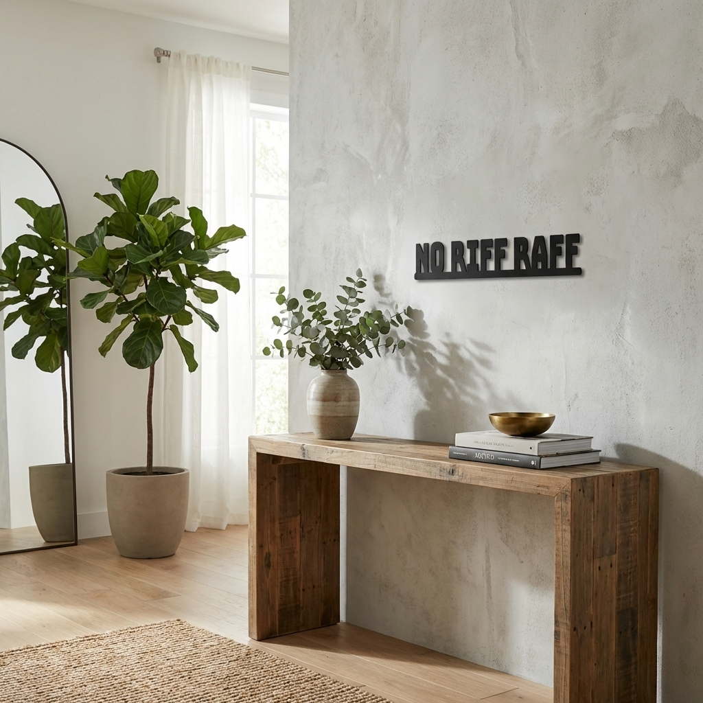 Modern interior with a wooden console table, plants, and a decorative wall sign no riff raff