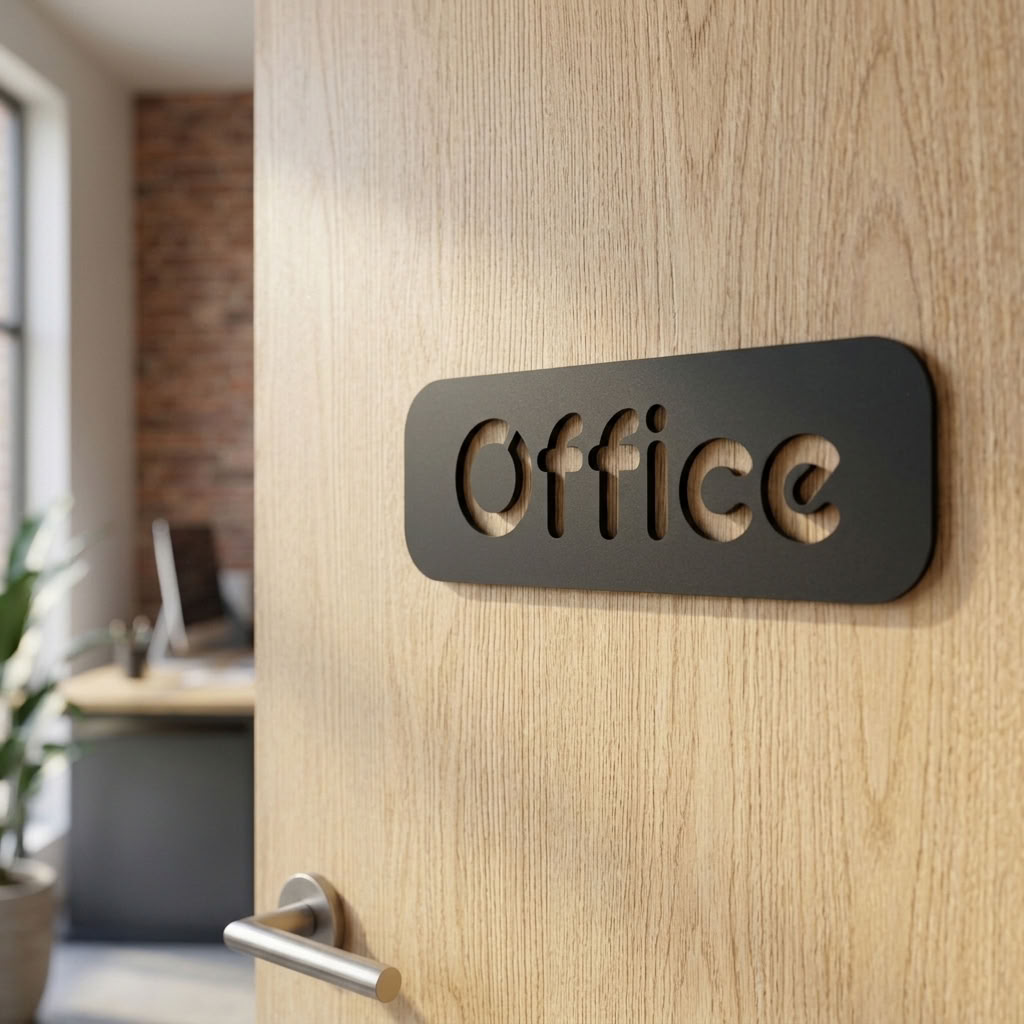 Black acrylic office sign mounted on a wooden office door