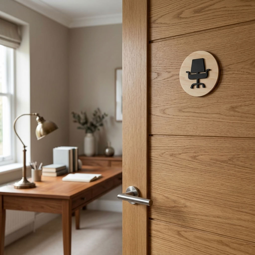 Wooden study room plaque with black office chair symbol