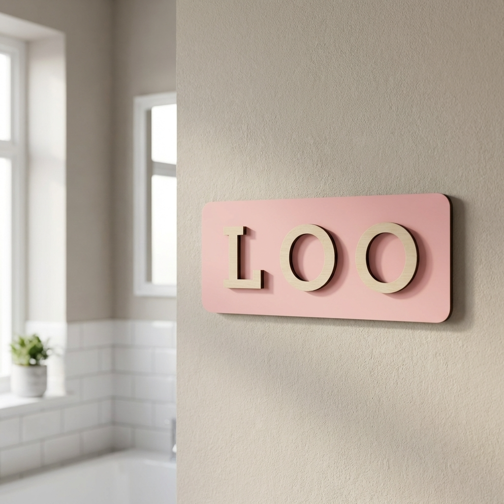Pink loo sign with raised wooden letters for bathrooms, cafés, salons and restaurants