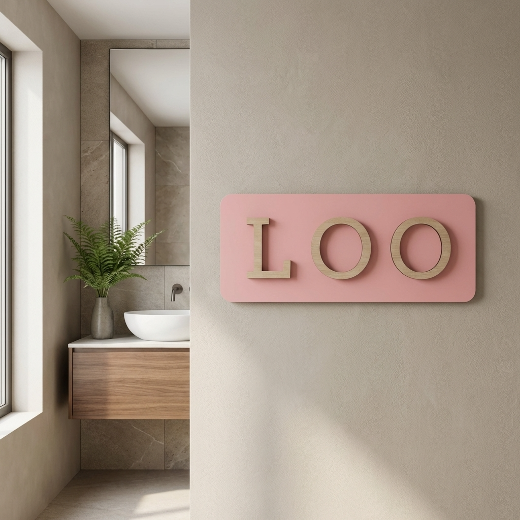 Modern pink toilet door sign with 3D wood lettering for cafés and boutique interiors