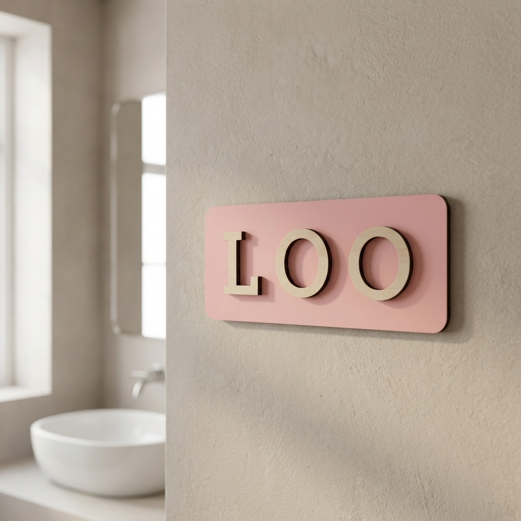Decorative loo sign in soft pink and natural wood for modern bathroom doors
