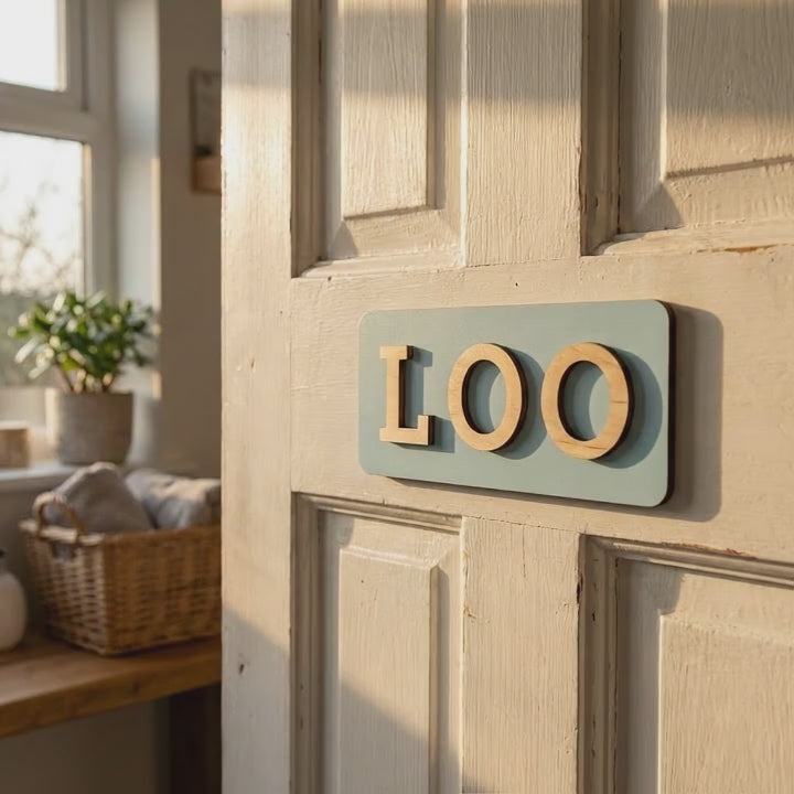 Wooden blue loo door plaque for home bathrooms, guest toilets and commercial restrooms