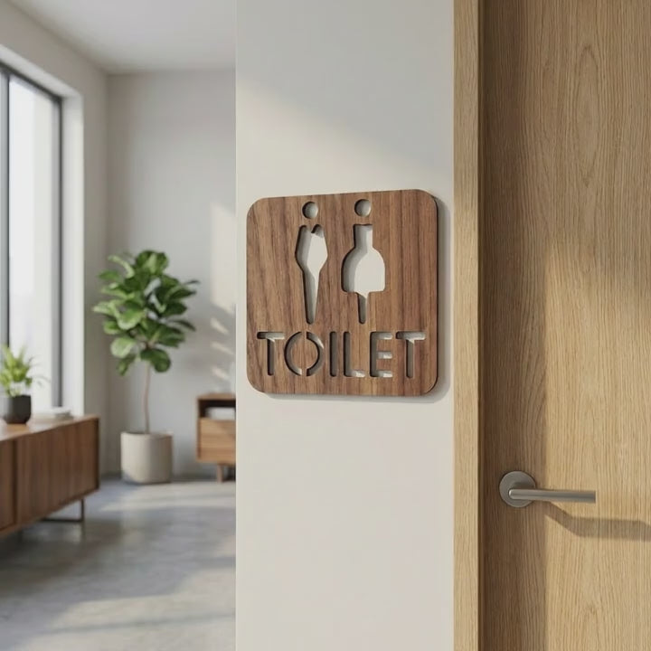 Modern wooden WC sign with male and female icons for business and commercial interiors