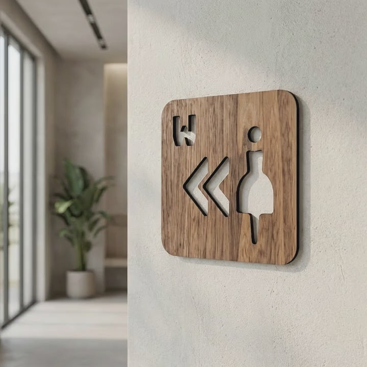 Walnut ladies bathroom direction sign for cafés, restaurants and hospitality interiors