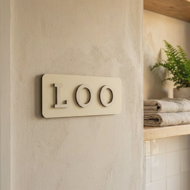 Wooden yellow loo door plaque for home bathrooms, guest toilets and commercial restrooms
