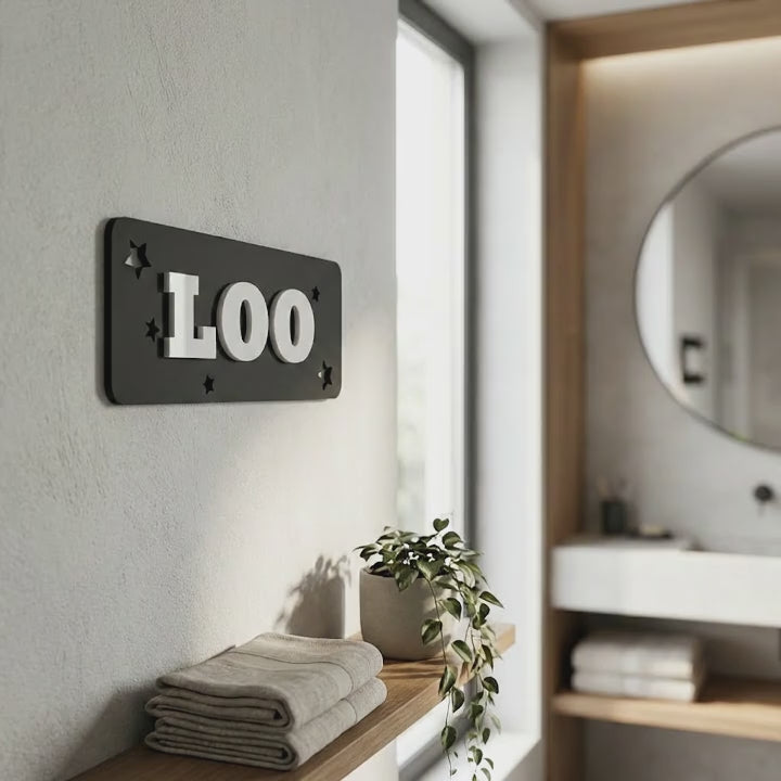 Black acrylic loo sign with raised white letters for bathrooms, cafés, offices and restaurants
