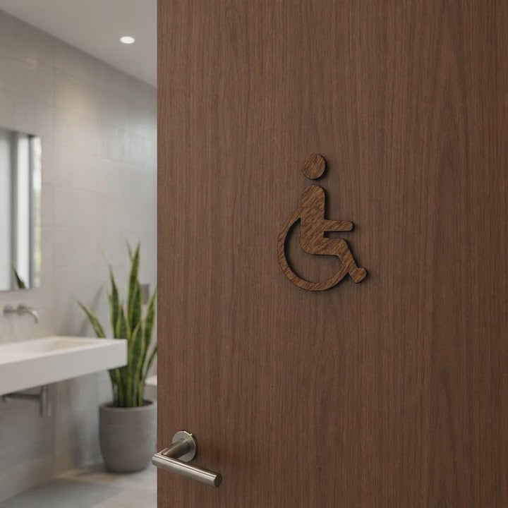 Wooden disabled toilet sign with wheelchair symbol for hotels, workplaces and public buildings