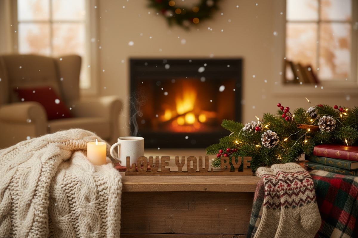 Cozy living room with a fireplace, Christmas decorations, and a mug on a table.