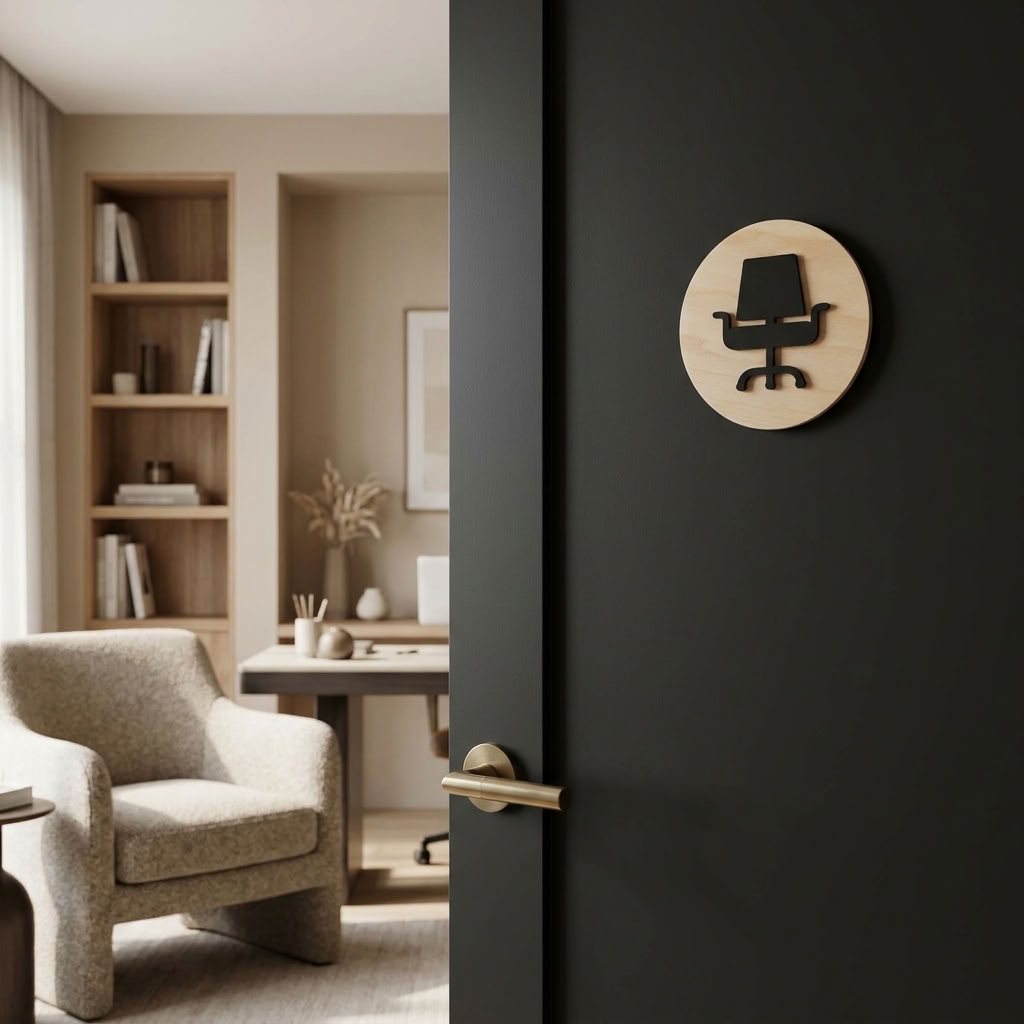 3D acrylic office chair icon on natural birch plywood backboard