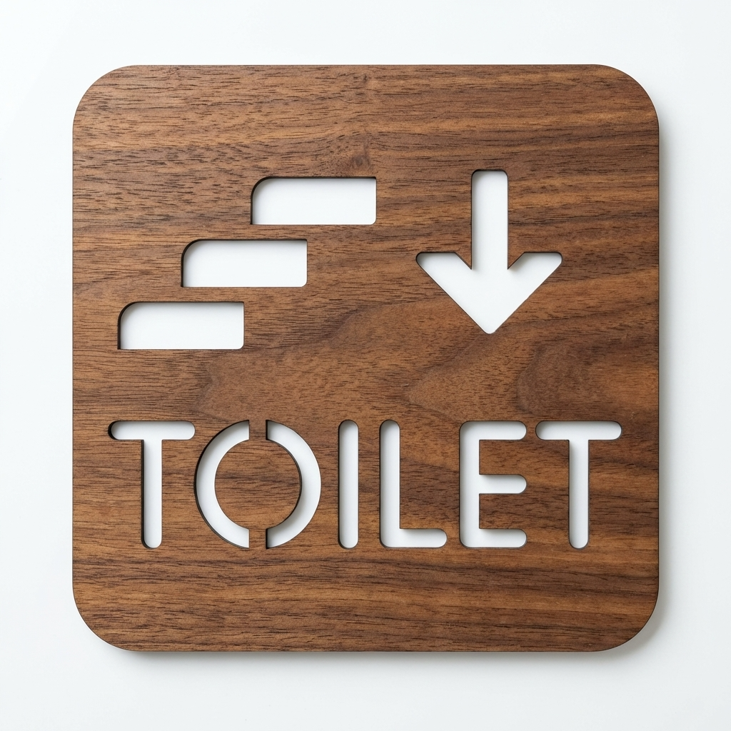 Natural walnut restroom sign showing downstairs toilet location for customer-facing businesses