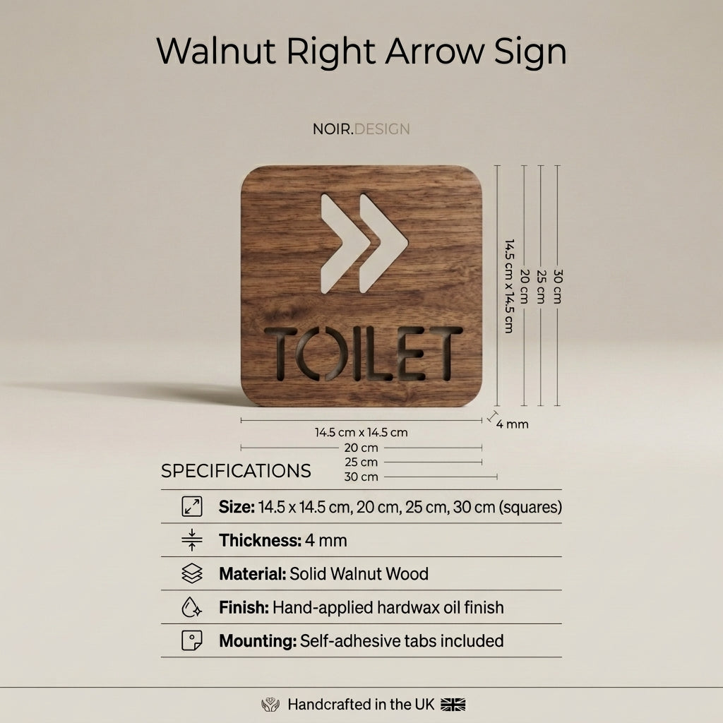 Wooden restroom direction sign pointing right for cafés, workplaces, hotels and hospitality venues