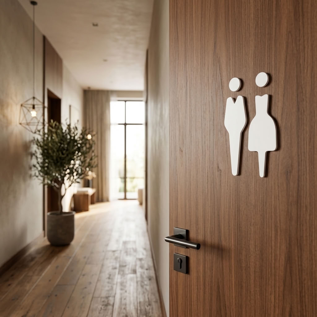 White bathroom door sign
