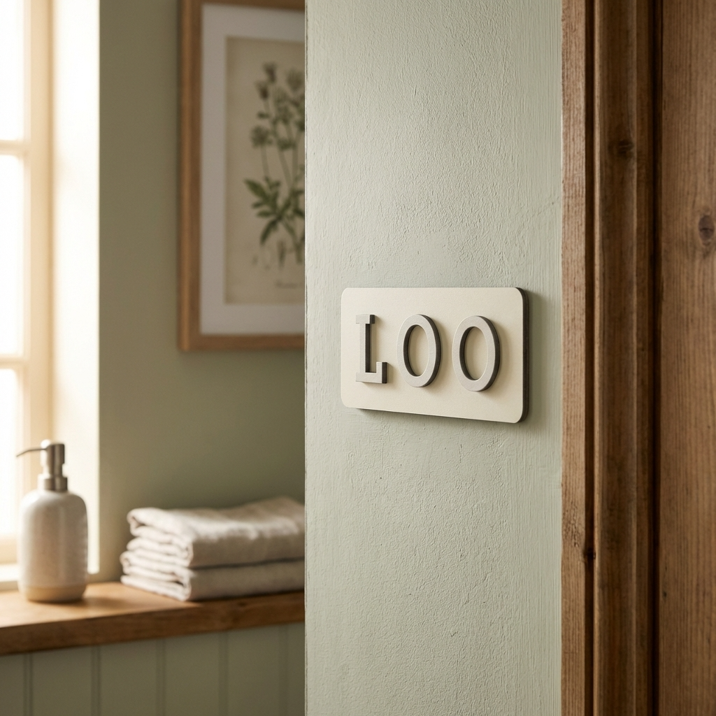 Modern yellow toilet door sign with 3D wood lettering for cafés and hospitality interiors