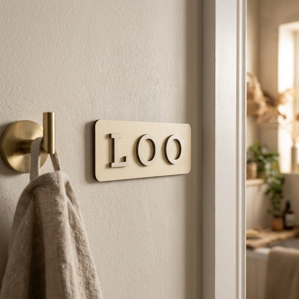 Yellow loo sign with raised wooden letters for bathrooms, cafés, offices and restaurants