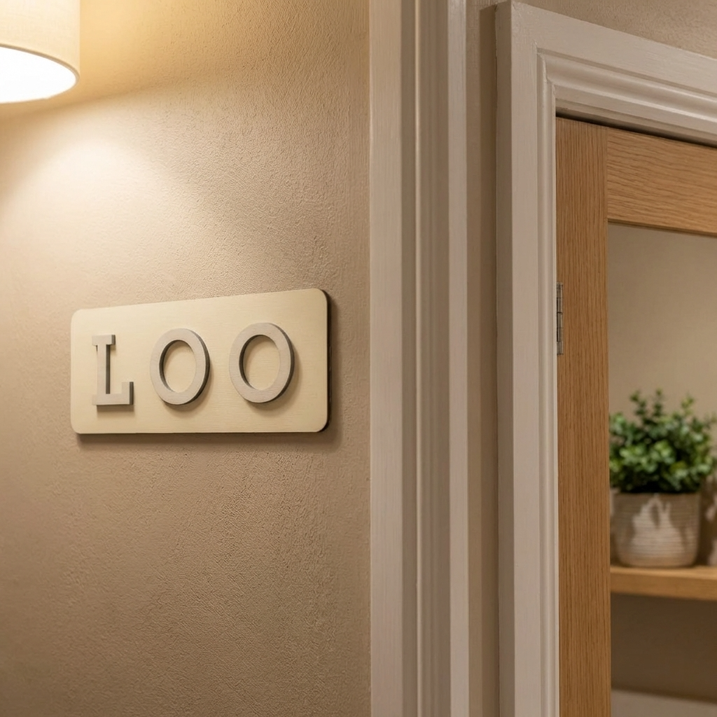 Decorative loo sign in bright yellow and natural wood for modern bathroom doors